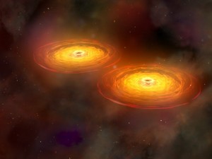Two black holes are about to merge. Only time will know the result.